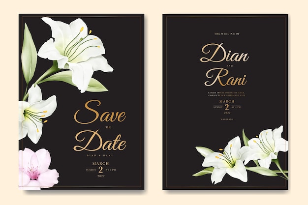 Hermosa plantilla de invitación de boda con lirios blancos