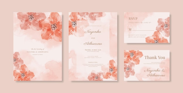 Hermosa plantilla de invitación de boda naranja con acuarela de flores