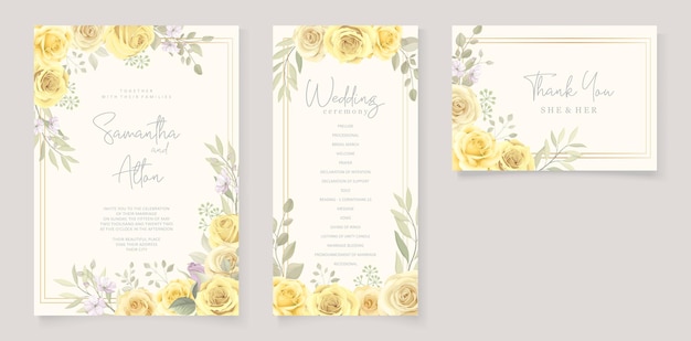 Vector hermosa plantilla de invitación de boda con rosas amarillas dibujadas a mano