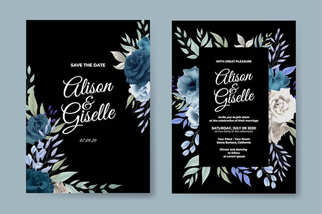 Vector hermosa plantilla de invitación de boda con rosas azules