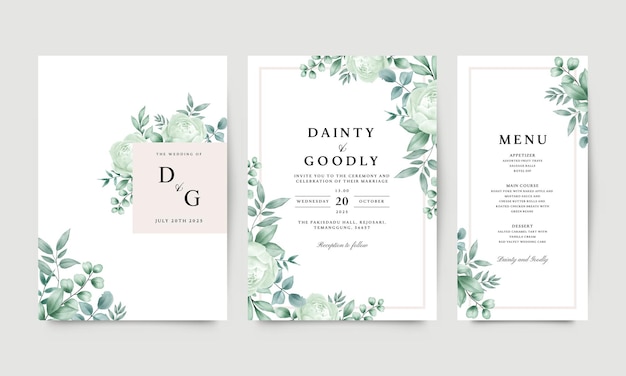 Hermosa plantilla de invitación de boda con rosas y hojas