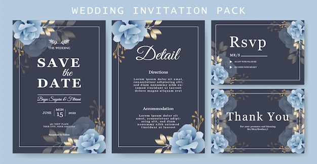 Hermosa plantilla de invitación de boda con tema floral completa con rsvp y gracias