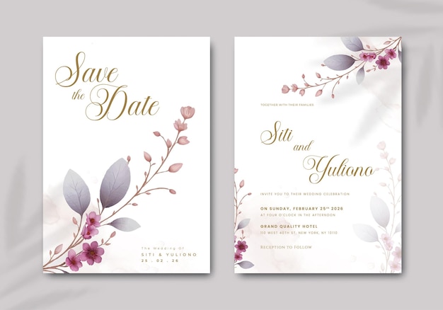 hermosa plantilla de invitación de boda con vector premium de flor de acuarela