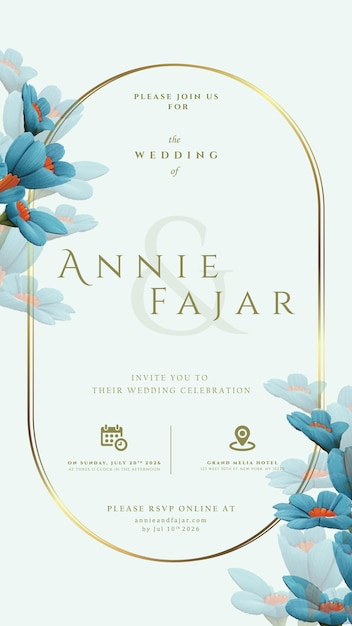 hermosa plantilla de invitación digital floral azul vector de primera calidad
