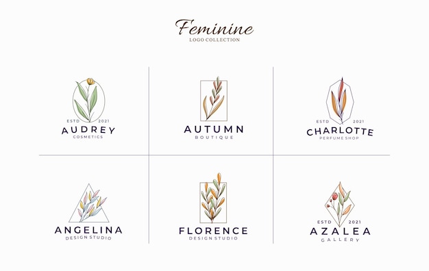 Hermosa plantilla de logotipos minimalistas botánicos femeninos