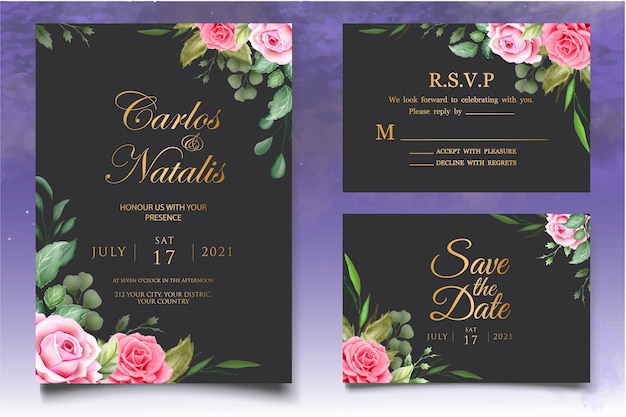 Hermosa plantilla de tarjeta de boda de acuarela floral y splash