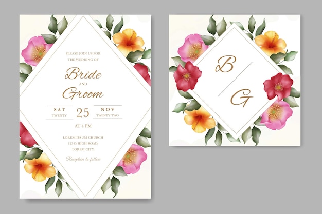 Hermosa plantilla de tarjeta de boda con acuarela floral