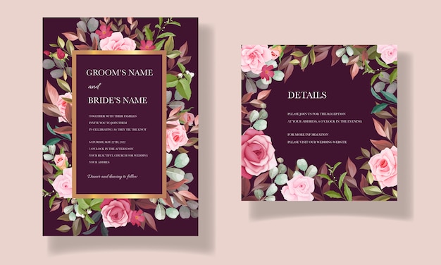 Hermosa plantilla de tarjeta de boda dibujada a mano con ramo floral y decoración de borde