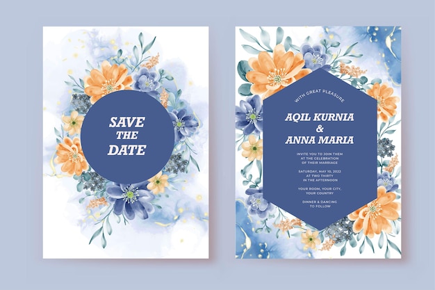 Hermosa plantilla de tarjeta de boda floral azul naranja