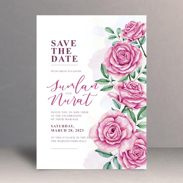 Hermosa plantilla de tarjeta de boda con flores de acuarela