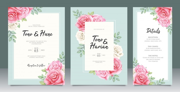 Hermosa plantilla de tarjeta de boda con hermosas flores y diseño de hojas