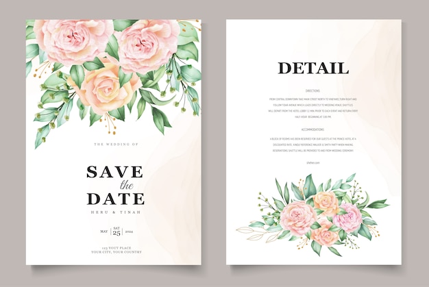Hermosa plantilla de tarjeta de boda de hojas de acuarela
