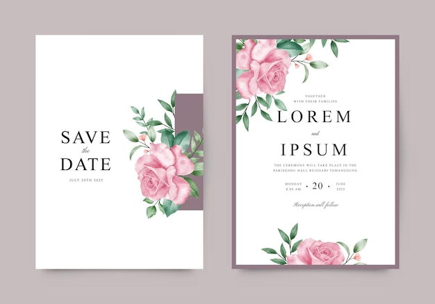 Hermosa plantilla de tarjeta de invitación de boda con acuarela floral