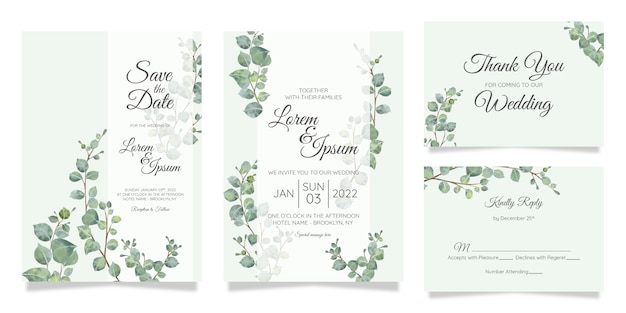 Hermosa plantilla de tarjeta de invitación de boda botánica acuarela con decoración de flores