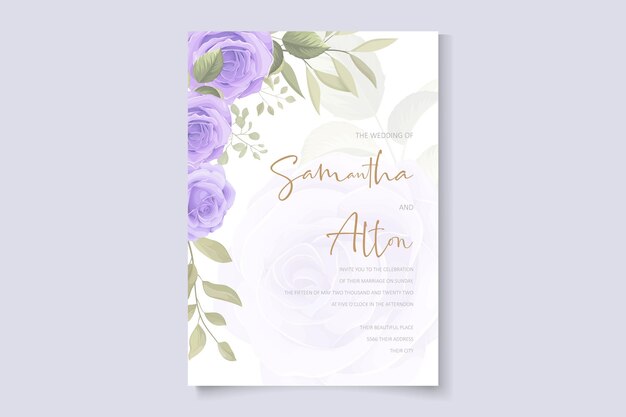 Hermosa plantilla de tarjeta de invitación de boda con decoración de rosas y hojas