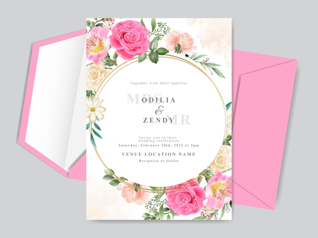 Hermosa plantilla de tarjeta de invitación de boda dibujada a mano con diseño de rosa rosa