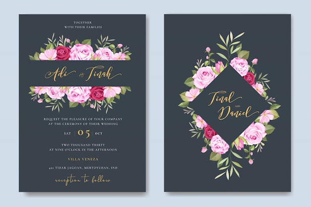 Hermosa plantilla de tarjeta de invitación de boda con diseño floral