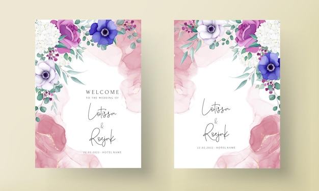 Hermosa plantilla de tarjeta de invitación de boda de flor de rosa y anémona