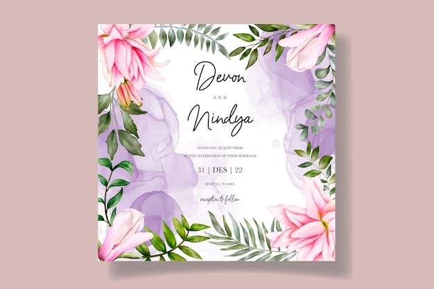 Hermosa plantilla de tarjeta de invitación de boda floral acuarela