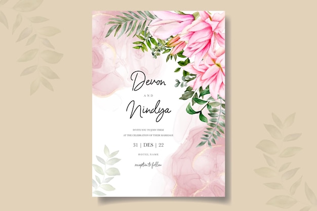 Hermosa plantilla de tarjeta de invitación de boda floral acuarela