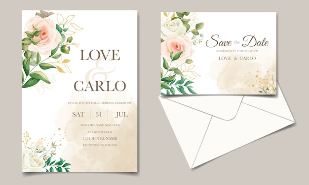Hermosa plantilla de tarjeta de invitación de boda floral con decoración de hojas doradas