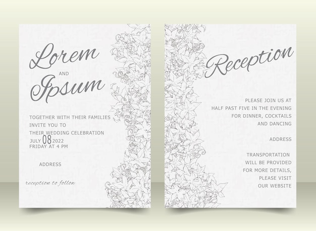 Hermosa plantilla de tarjeta de invitación de boda con follaje dibujado a mano