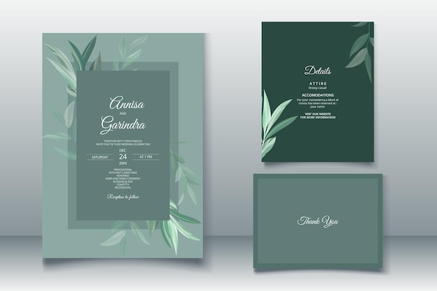Hermosa plantilla de tarjeta de invitación de boda de hojas verdes salvia Vector Premium