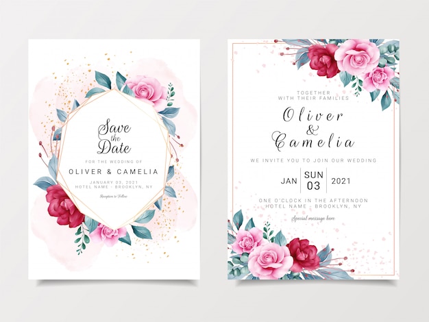 Hermosa plantilla de tarjeta de invitación de boda con marco floral geométrico y brillo dorado