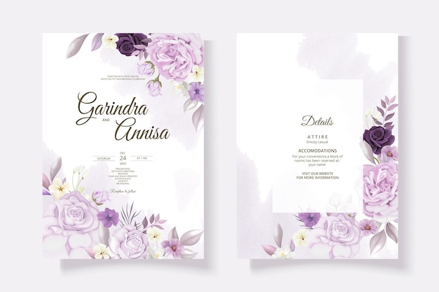 Hermosa plantilla de tarjeta de invitación de boda con marco floral púrpura Vector Premium