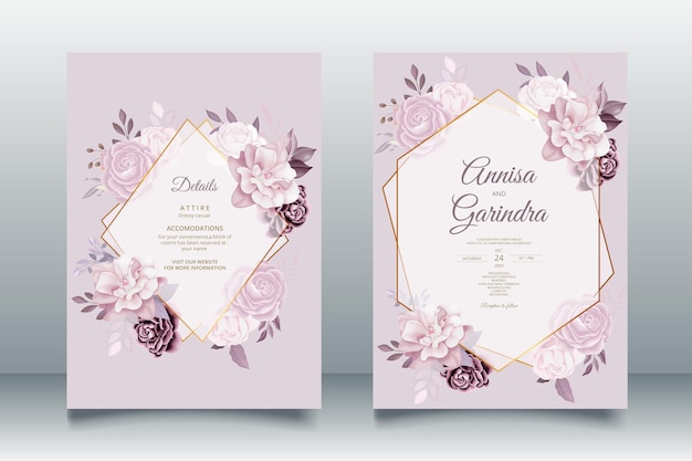 Hermosa plantilla de tarjeta de invitación de boda con marco floral vector premium