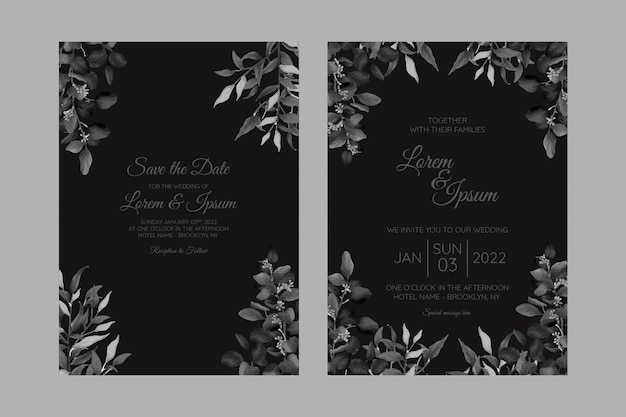 Hermosa plantilla de tarjeta de invitación de boda con marco floral