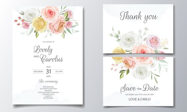 Hermosa plantilla de tarjeta de invitación de boda con marco floral