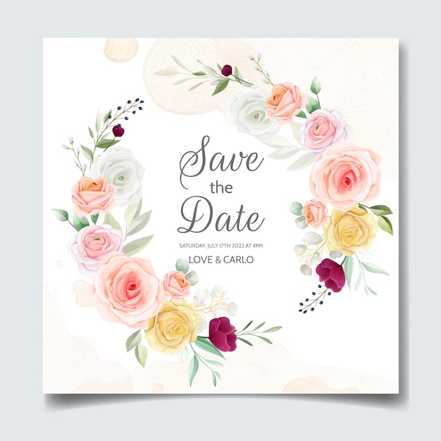 Hermosa plantilla de tarjeta de invitación de boda con marco floral