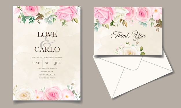 Hermosa plantilla de tarjeta de invitación de boda con marco floral