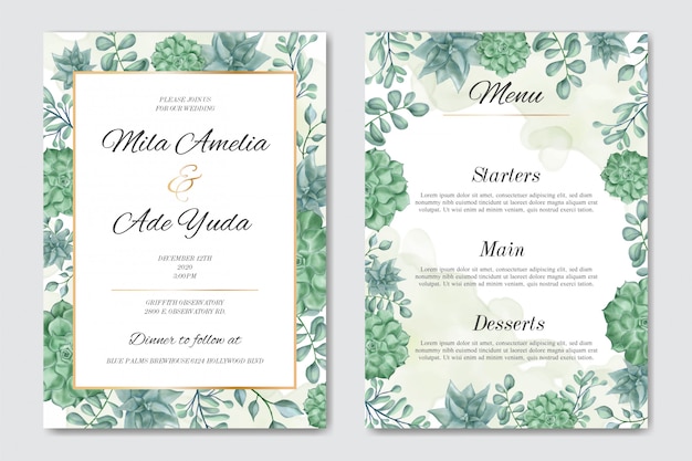 Hermosa plantilla de tarjeta de invitación de boda con marco floral