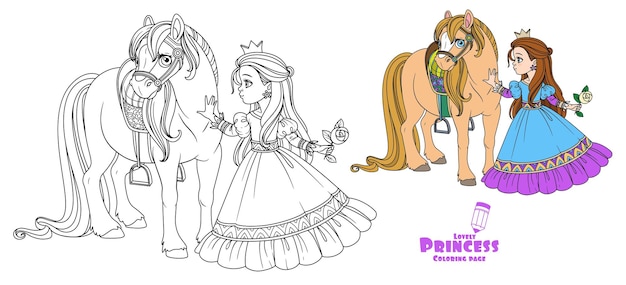 Hermosa princesa acariciando un color de caballo y una imagen delineada para un libro de colorear sobre fondo blanco