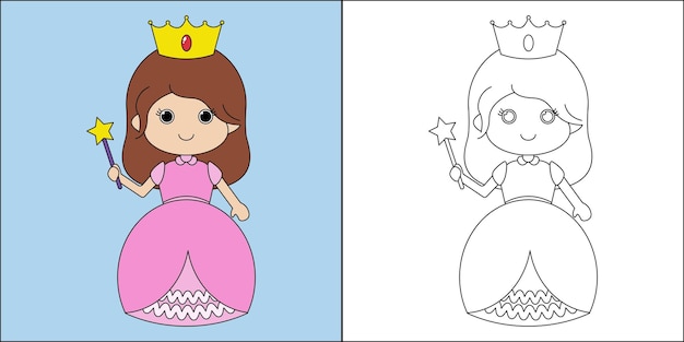 Hermosa princesa adecuada para la ilustración de vector de página para colorear de los niños