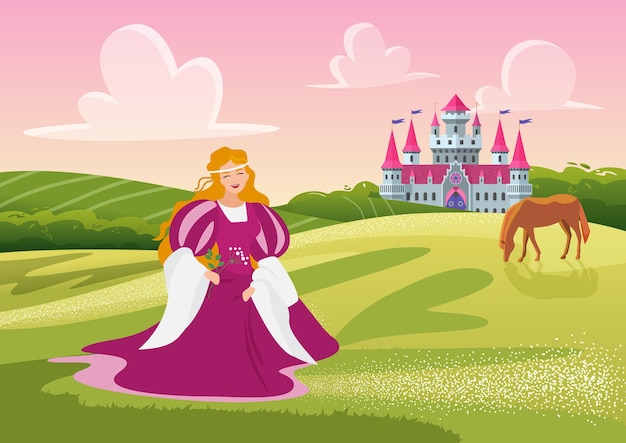 Hermosa princesa feliz o dama con flores caminando en el paisaje del prado cerca del castillo