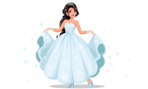 Hermosa princesa linda sosteniendo su vestido largo blanco ilustración vectorial