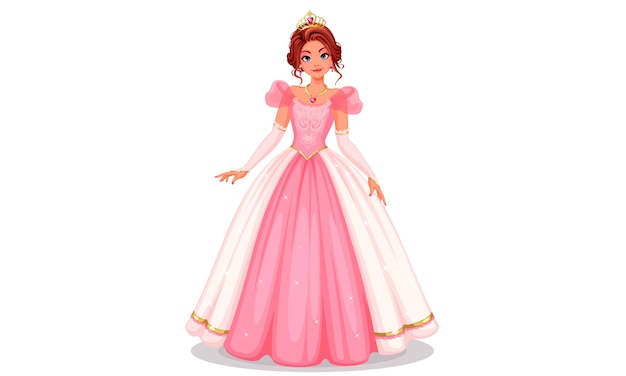 Hermosa princesa de pie en una hermosa ilustración de vestido largo rosa