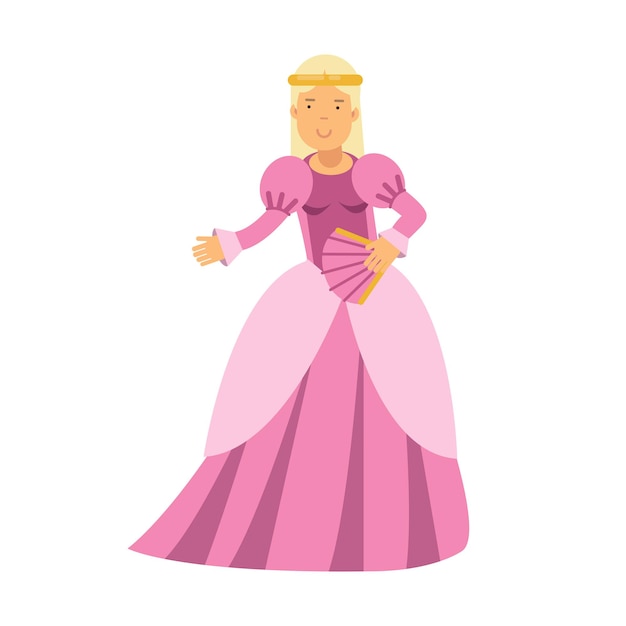 Hermosa princesa rubia en un vector colorido vestido rosa, cuento de hadas o personaje medieval ilustración sobre un fondo blanco