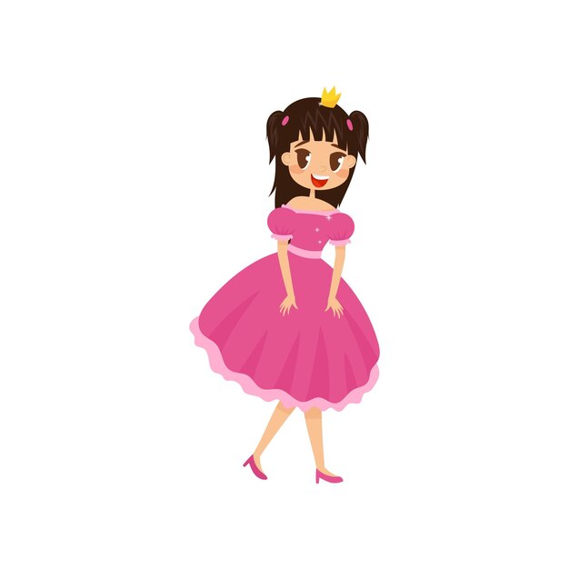 Hermosa princesita en un vestido rosa corto y corona vector ilustración sobre un fondo blanco