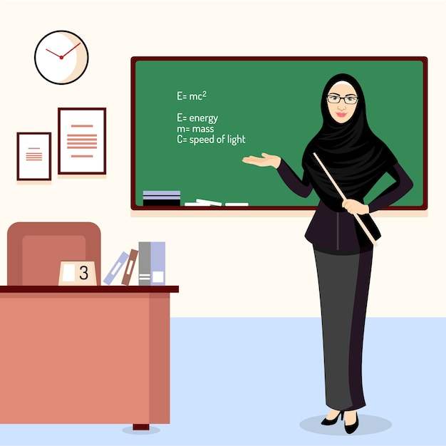 Vector hermosa profesora musulmana con la ilustración hijab