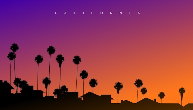 Hermosa puesta de sol en algún lugar de California EE.UU. Ilustración de vector de estilo postal creativa
