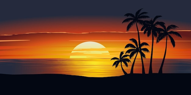 Hermosa puesta de sol dramática en la playa con palmeras en silueta