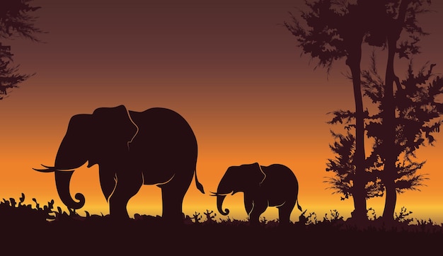 Hermosa puesta de sol con elefante Elefante bebé con fondo de naturaleza de mamá Ilustración vectorial