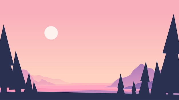 Vector una hermosa puesta de sol de paisaje de montaña de color rosa