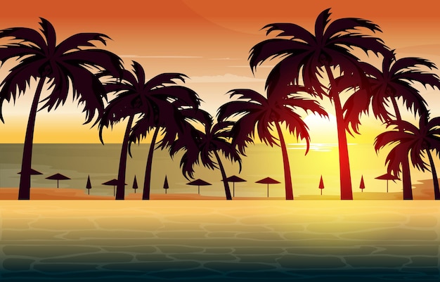 Hermosa Puesta De Sol Palma Coco Bali Playa Vacaciones Paisaje Vista Ilustración