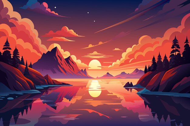Vector una hermosa puesta de sol sobre una cordillera con un lago en primer plano