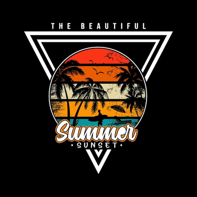La hermosa puesta de sol de verano camiseta elegante y ropa de diseño de moda con siluetas de palmeras
